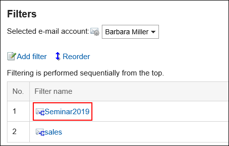 Image in which the filter setting name to change is highlighted