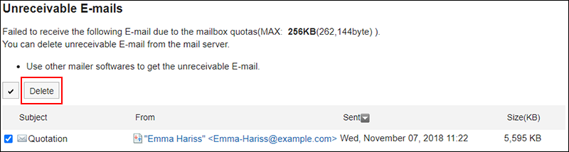Screenshot: A screen with a list of e-mails that you could not receive. The Delete button is highlighted