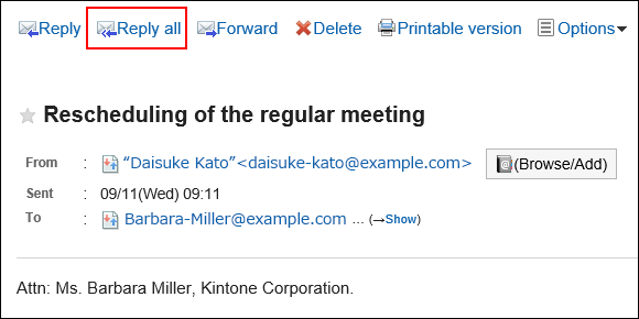Image in which the Reply all link in the screen without preview is highlighted