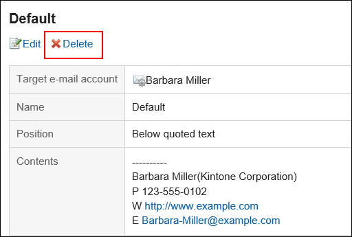 Image in which the delete action link is highlighted