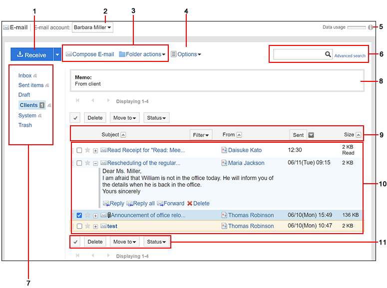 Screenshot: E-mail screen where the preview is hidden