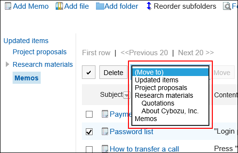 Image of setting destination to move multiple notes