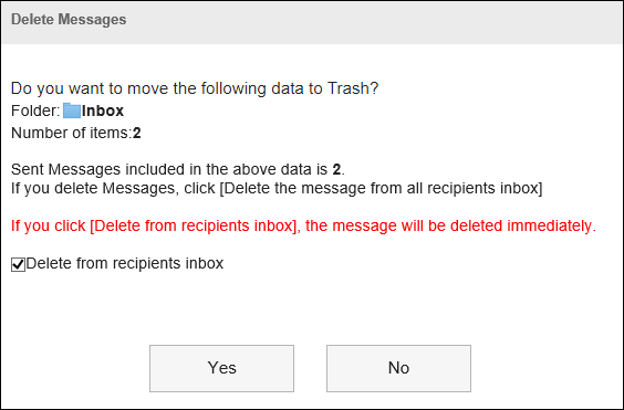 Screen capture: The "Delete Messages" screen, with an option to delete all messages from the recipients inbox selected