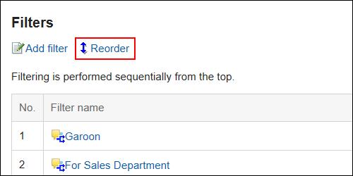 Image in which the action link for reordering filters is highlighted