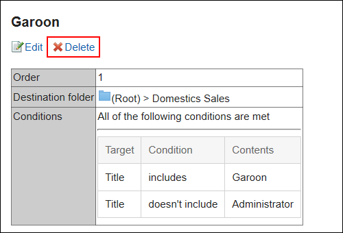 Image in which the delete action link is highlighted