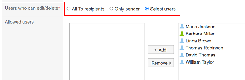 Screenshot: Configuring an option for "Users who can edit/delete"