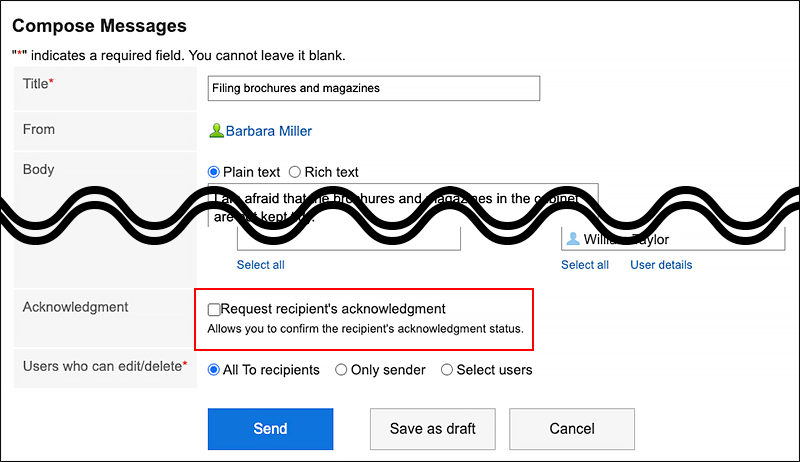 Screenshot: The "Request recipient's acknowledgment" is not selected in the "Compose Messages" screen
