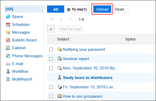 Screenshot: Unread button is highlighted