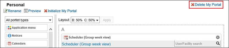 Image in which the deleting My Portals action link is highlighted
