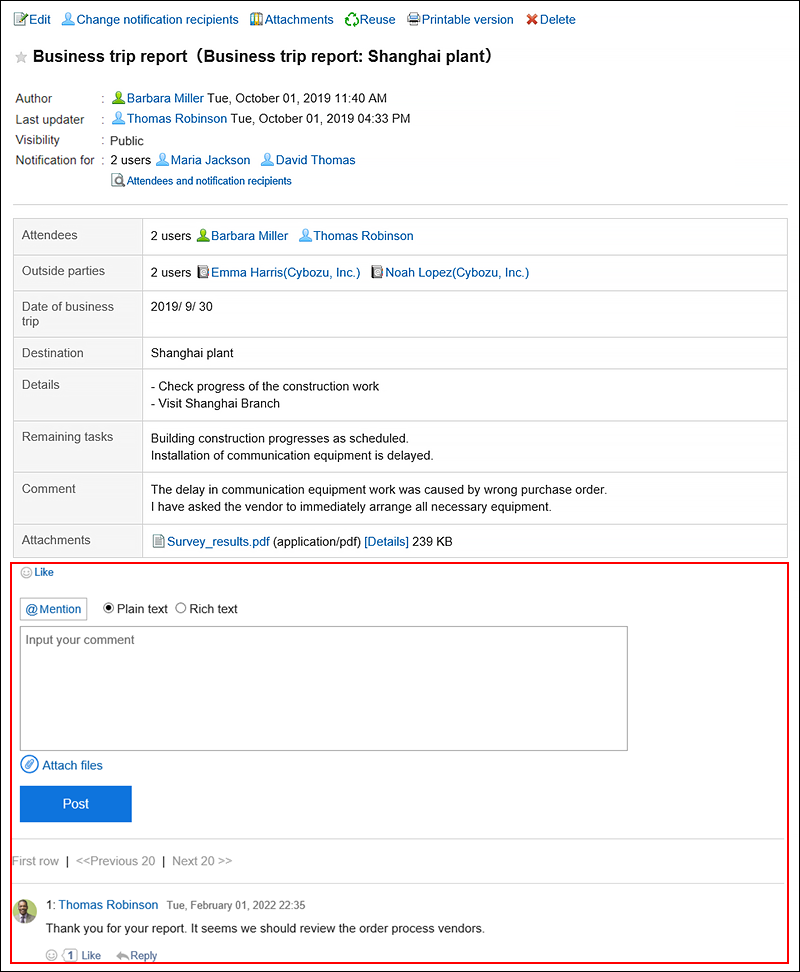 Screenshot: The comment part in a report is highlighted