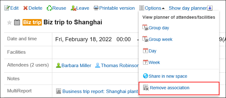 Screenshot: The link to remove the association with a report is highlighted