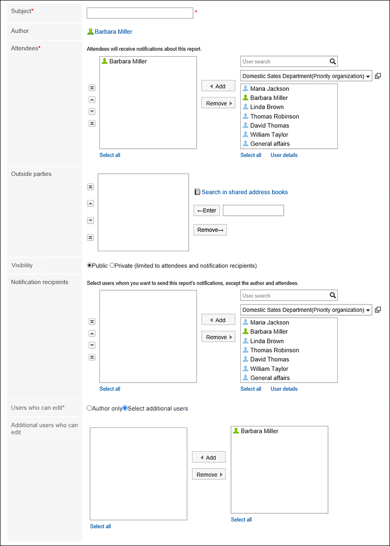 Screenshot: Items to configure for a report