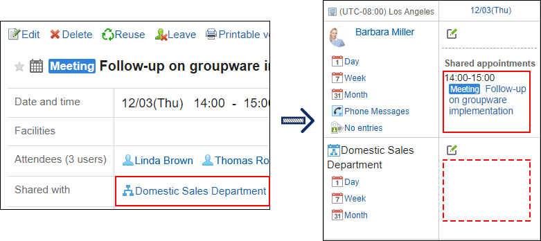 Screen capture: If an organization is specified as a "Shared with" user, the shared appointment is displayed in each user's Scheduler screen in the organization