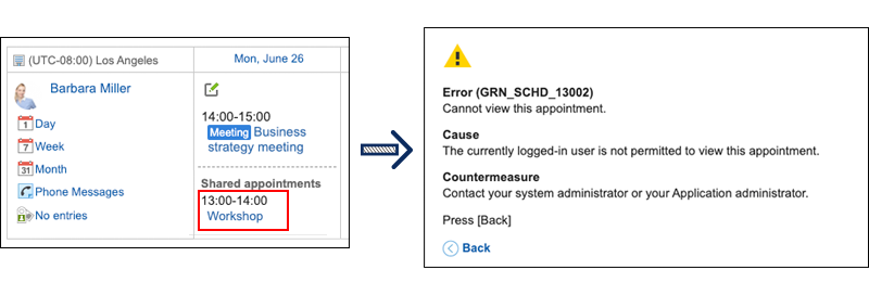 Screenshot: In the Scheduler screen, the appointment title is displayed for the "Shared with" user, but clicking it causes an error