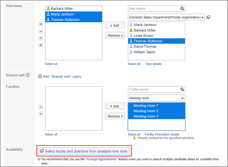 Screenshot: Link to select facility and date/time from available time slots