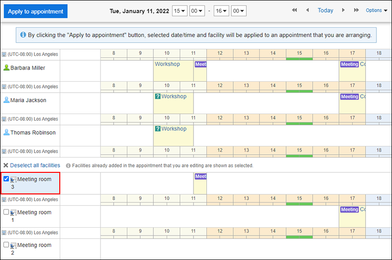 Screenshot: Selecting a checkbox for a facility