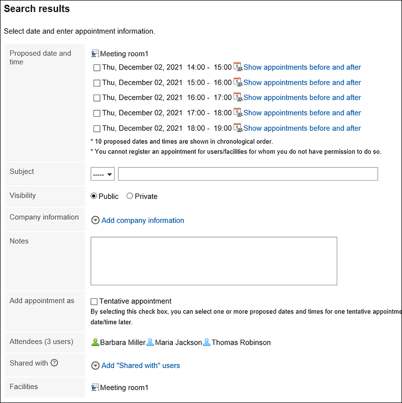Screenshot: The "Search results" screen with a proposed date and time
