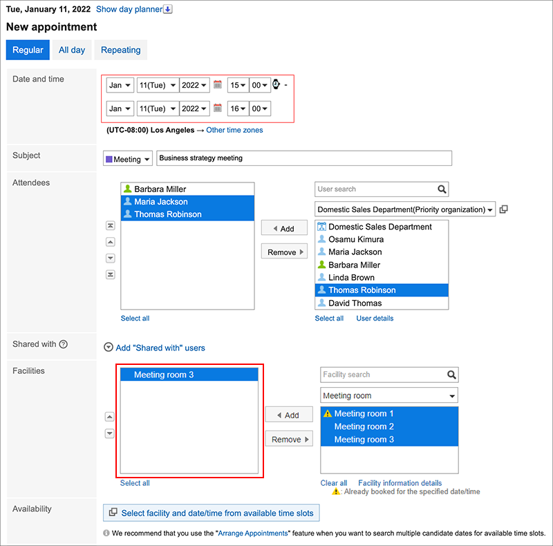 Screenshot: The date/time and the facility configured on the "Check available times" screen have been applied