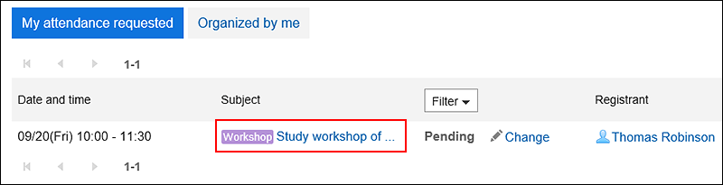 Screenshot: On the "Response request list" screen, the title of the appointment to which you send your response is highlighted
