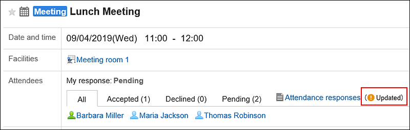 Screenshot: In the appointment details screen, "Updated" is displayed on the right of the "Attendance responses" link