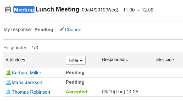 Screenshot: Example of the "Attendance responses" screen