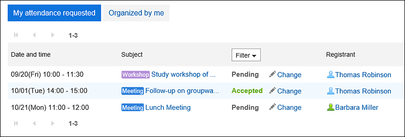 Screenshot: The "Response request list" screen for appointments that you are invited as an attendee