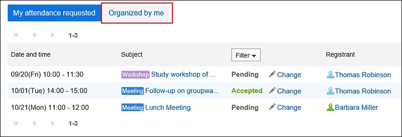 Screenshot: The "Organized by me" button is highlighted