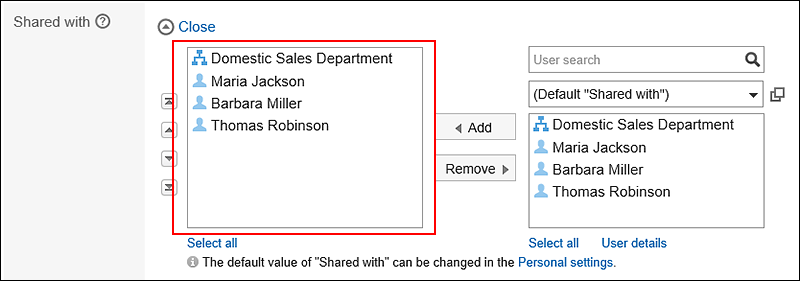 Screenshot: The default "Shared with" users you configured are added
