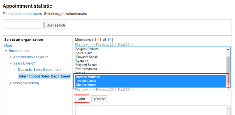 Screenshot: The "Appointment statistic" screen with the selected users and the "Add" button highlighted