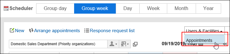 Image of changing the search target to "Appointments"