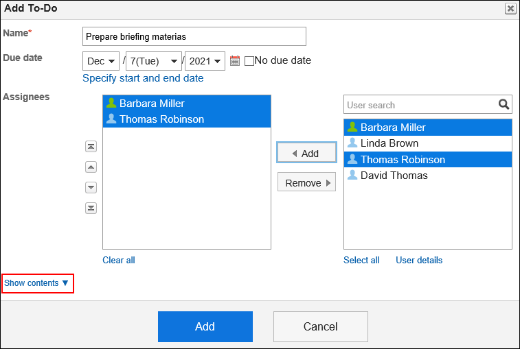 Screenshot: The link to show contents is highlighted