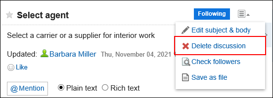 Screenshot: The link to delete a discussion is highlighted
