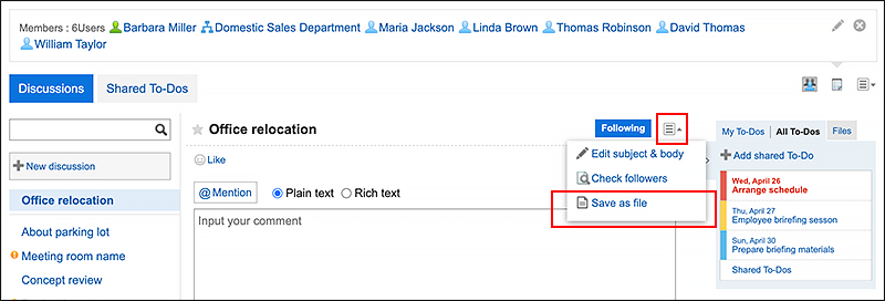 Screenshot: Link to Save as file is highlighted in the Discussion screen
