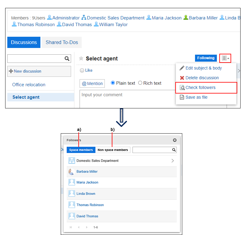 Screen capture: Showing the follower members of a discussion