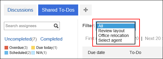 Screenshot: The "Shared To-Dos" screen with filtered discussions