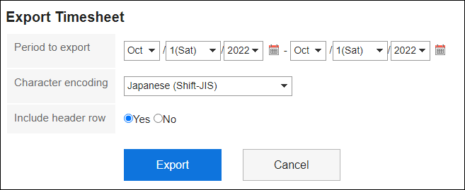 Screenshot: The "Export timesheet data" screen