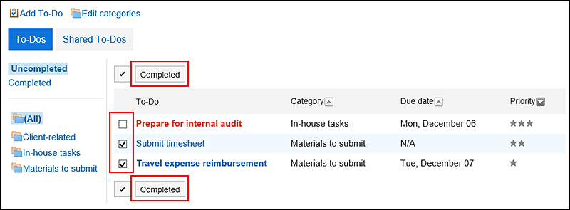 Screenshot: Selecting a To-Do to complete