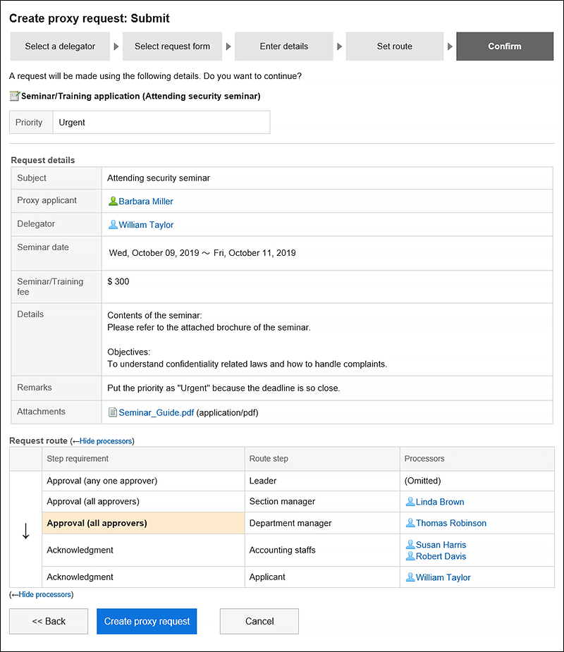 Screen to confirm the request details