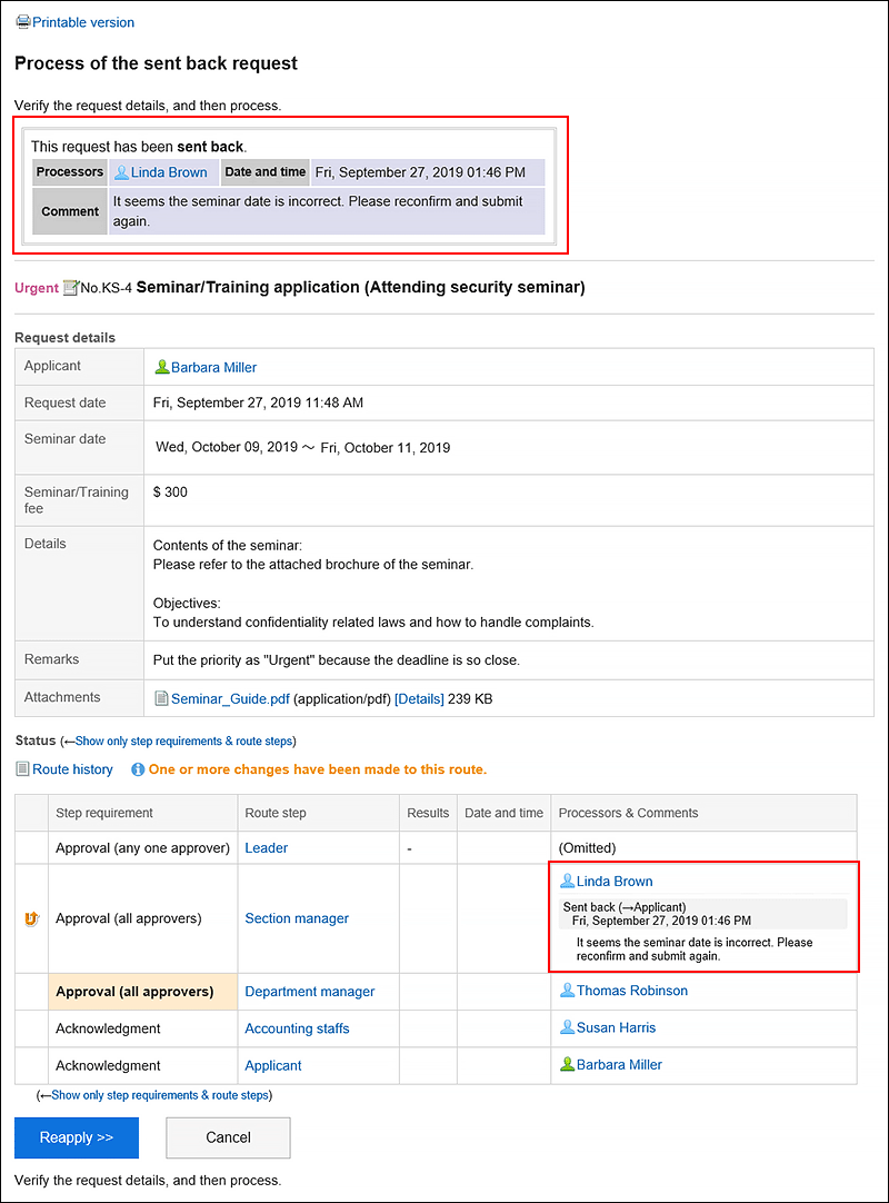 Image of the message indicating that request has been sent back and processor's comment