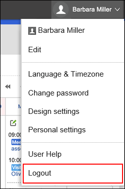 Screenshot: The "Logout" action link is highlighted in the dropdown list of the user name