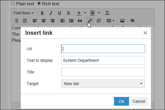 Screen to insert a link