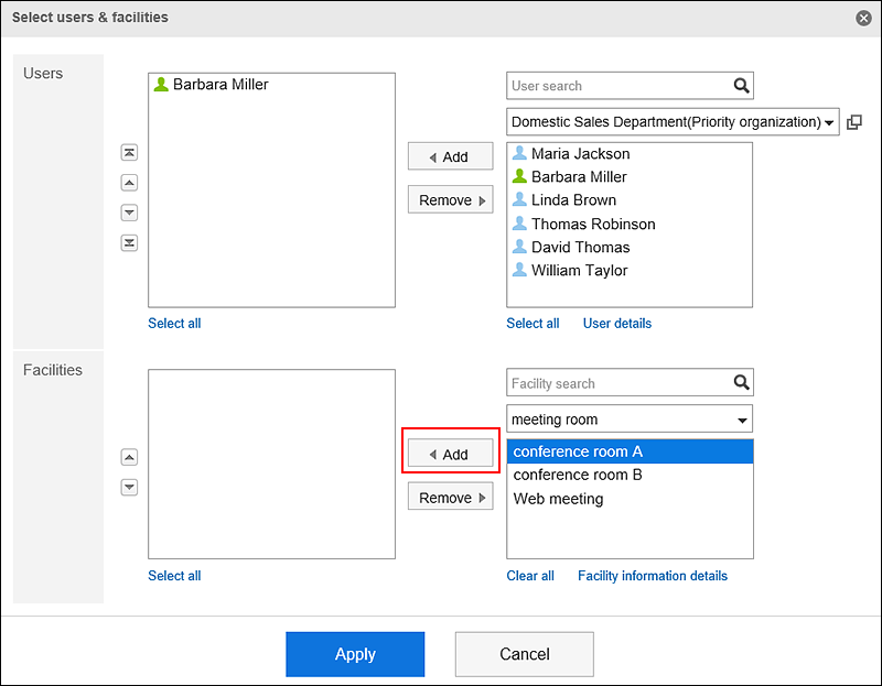 Screenshot: The "Select users & facilities" screen with Add button highlighted