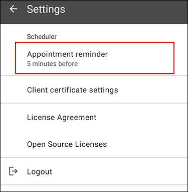Screenshot: Appointment reminder is highlighted in the settings screen