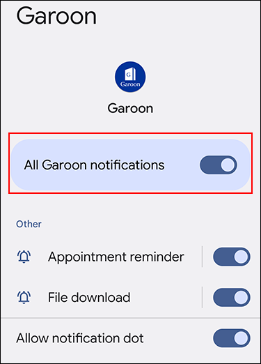 Screenshot: Notifications settings screen of Garoon mobile