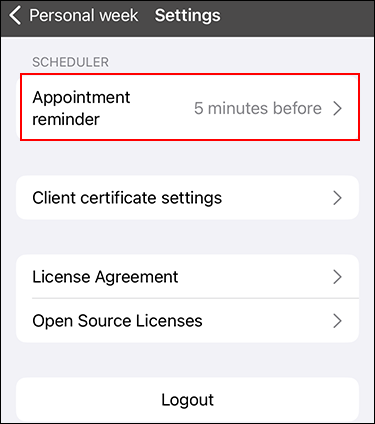 Screenshot: Appointment reminder is highlighted in the settings screen
