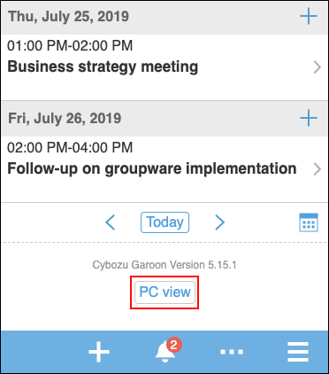 Screenshot: The "Personal week" screen with the "PC view" button highlighted