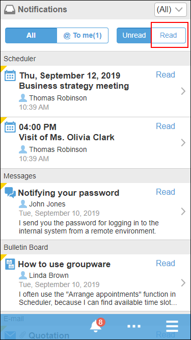 Screenshot: The "Notifications" screen with the "Read" button highlighted