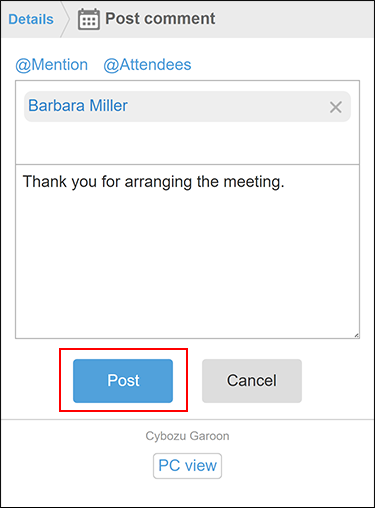 Screenshot: The screen to post comments with the Post button highlighted