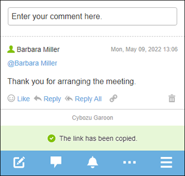 Screenshot: Details screen in Scheduler in which the banner saying "The link has been copied" is displayed