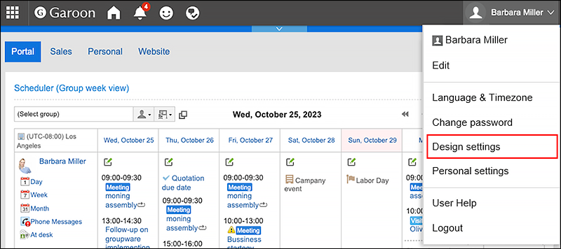 Screenshot: The Design settings action link is highlighted in the dropdown list of the user name